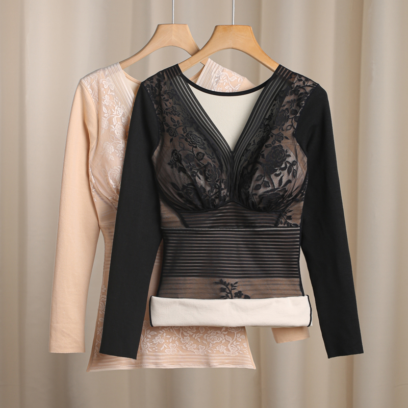 长袖冬季加绒加厚保暖内衣女士收腹带胸垫打底衫修身显瘦美体上衣