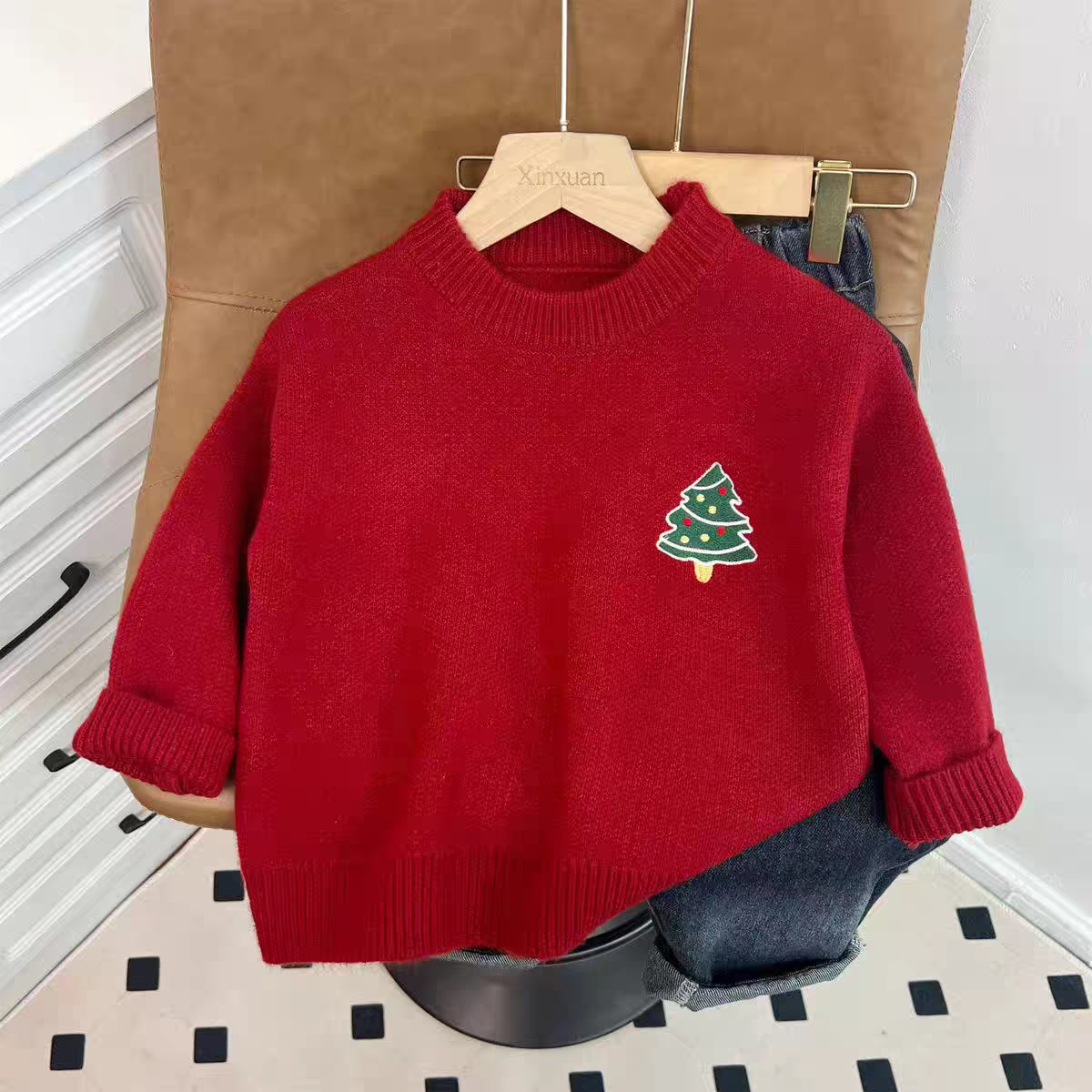 0804-圣诞衣服红色儿童一体绒毛衣宝宝针织衫男童女童秋冬季上衣