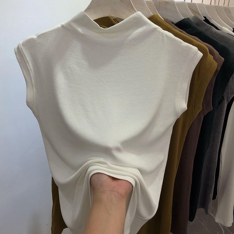 莫代尔修身气质半高领T恤春夏大码无袖新款洋气痞帅炸街日韩短袖