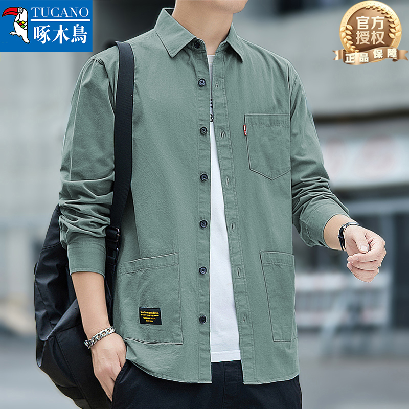 正品啄木鸟当季新款纯棉男装衬衫外套纯色百搭多口袋工装长袖衬衣