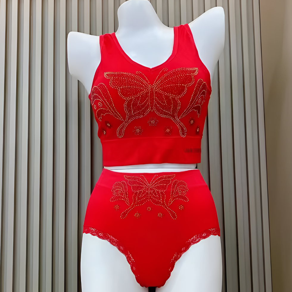 新年套装本命年大码女背心舒适烫钻美背时尚聚拢女士无钢圈款性感