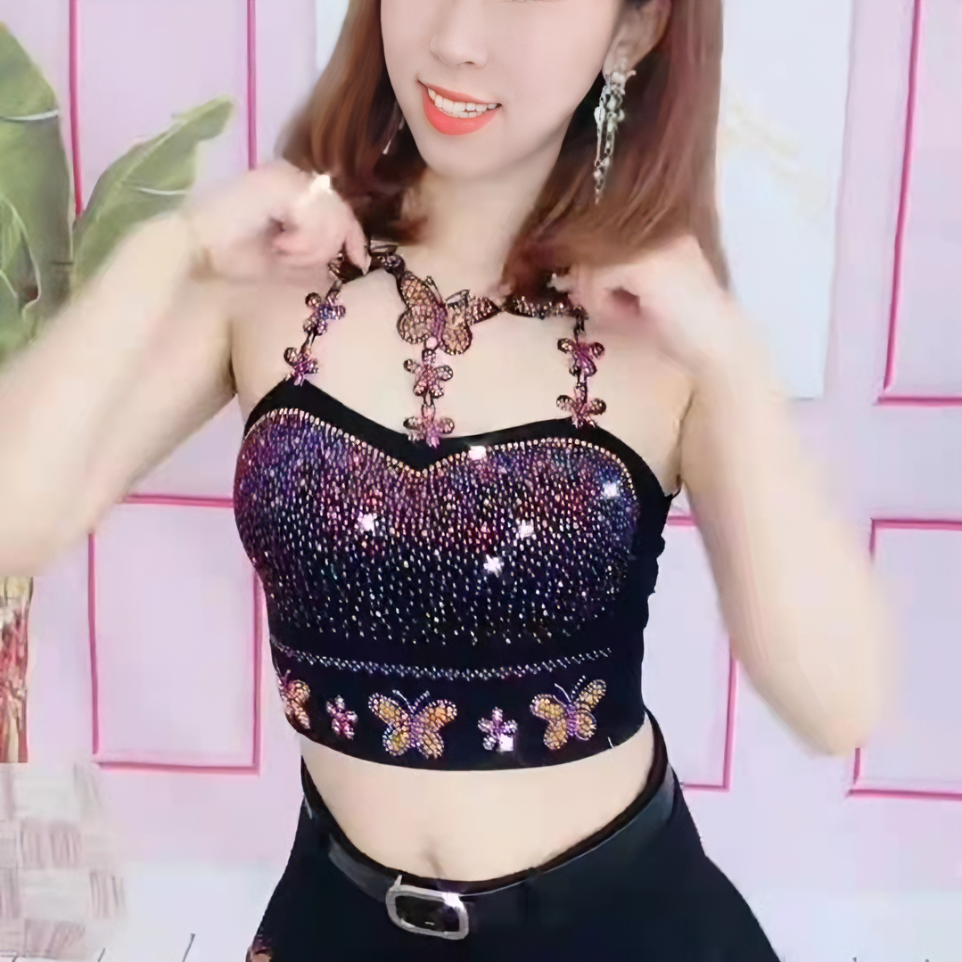 蝶恋花春夏款美背锁骨欧美洋气网红女款弹力欧美烫钻时尚重工女士