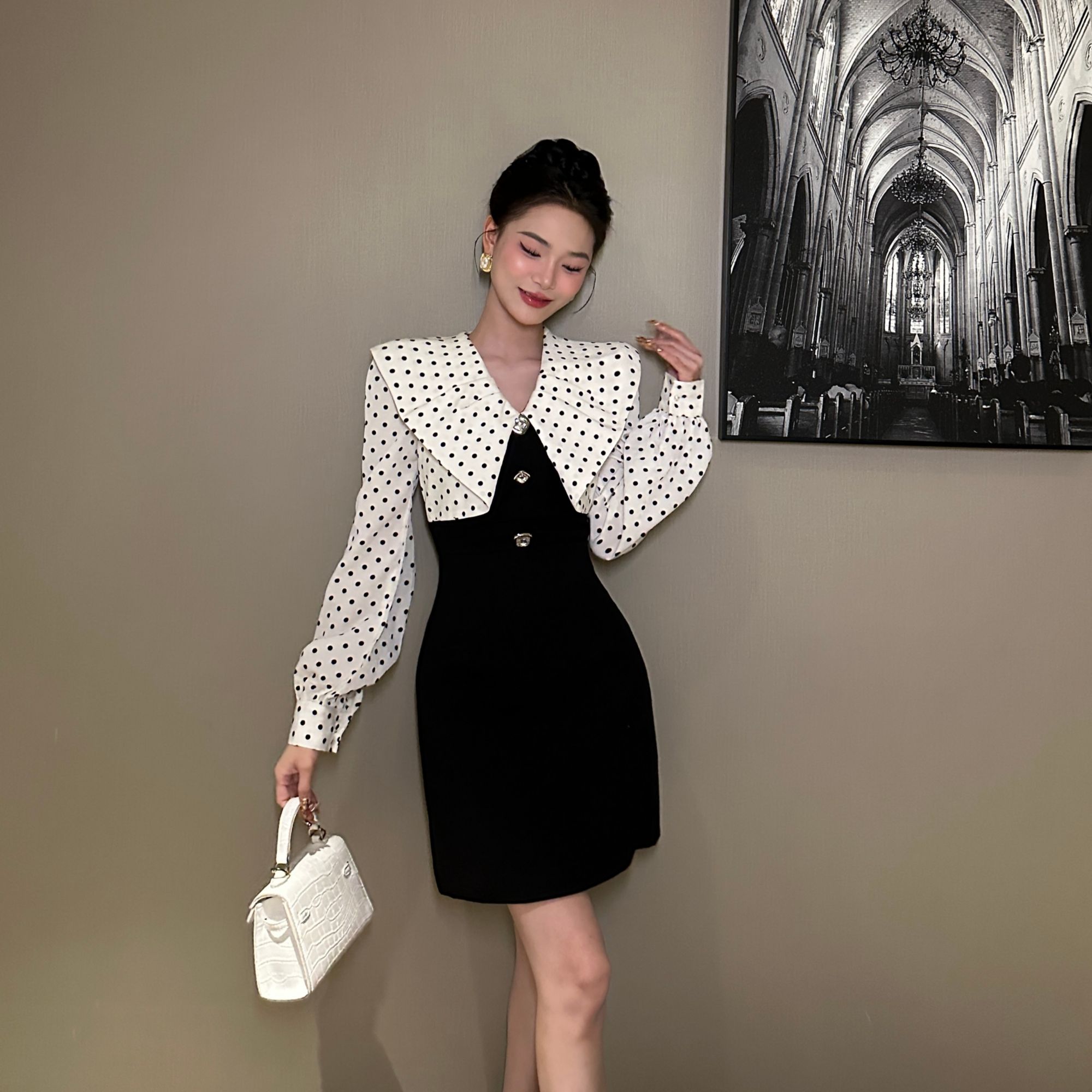 【花花原创】名媛设计感气质长袖时尚显瘦拼接收腰修身连衣裙21508