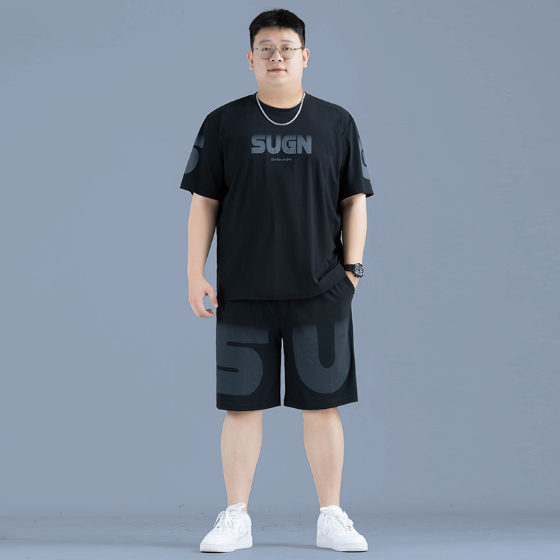 夏季冰丝套装休闲百搭男装速干弹力圆领上衣时尚潮流运动短裤胖子