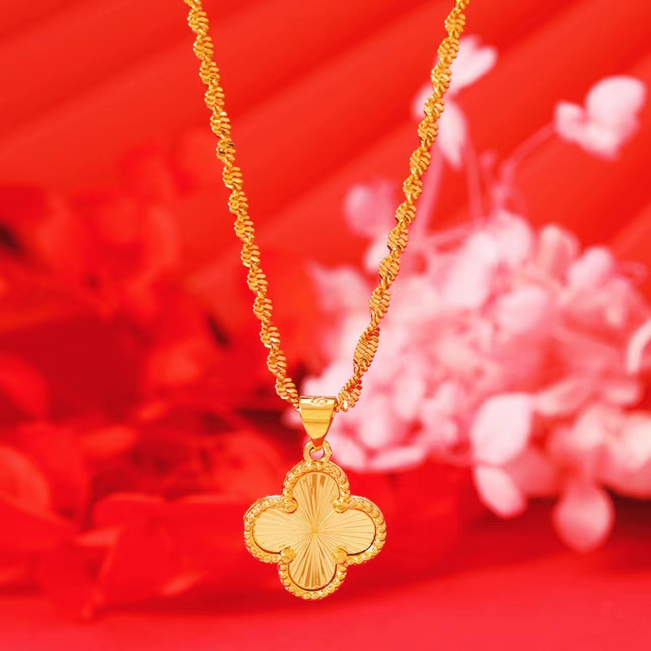 铜合金项链 秋季新款双面四叶草加水波纹一套项链镭射百搭0081