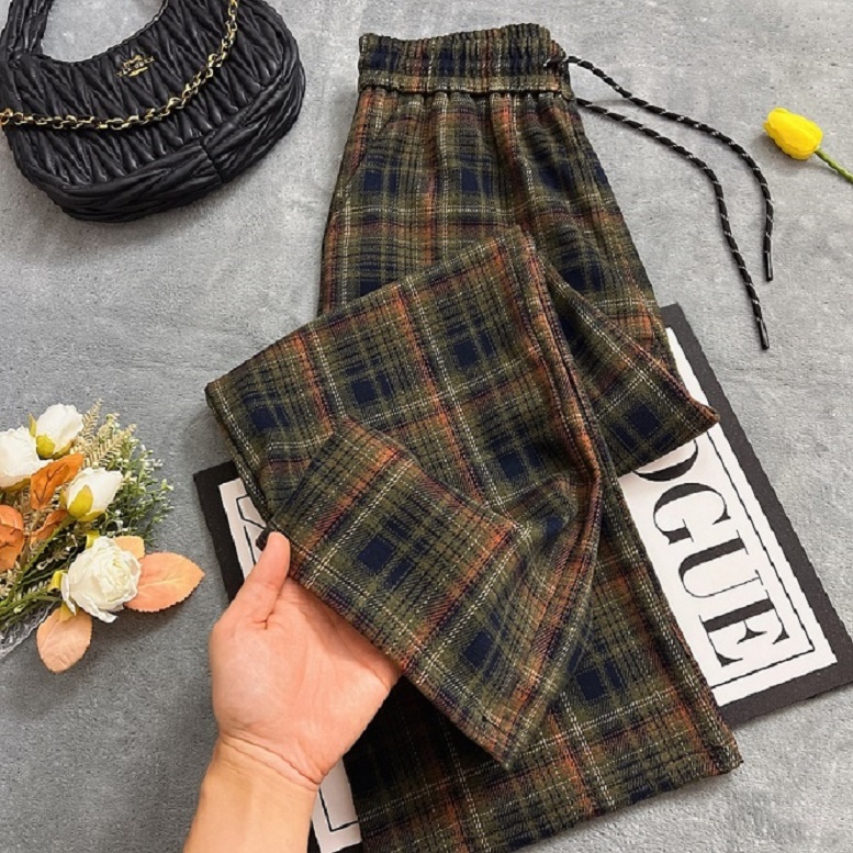 2025秋冬复古毛呢格子裤显瘦洋气百搭女士休闲窄版直筒格子裤