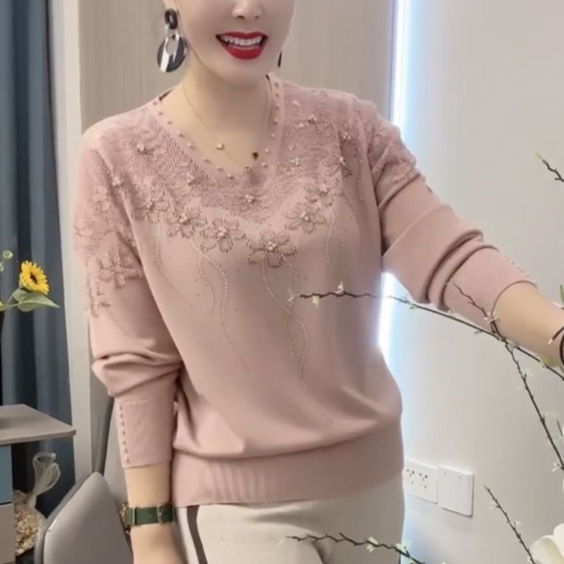 重工烫钻钉珠时尚针织衫V领女士百搭显瘦毛衣宽松洋气打底衫上衣