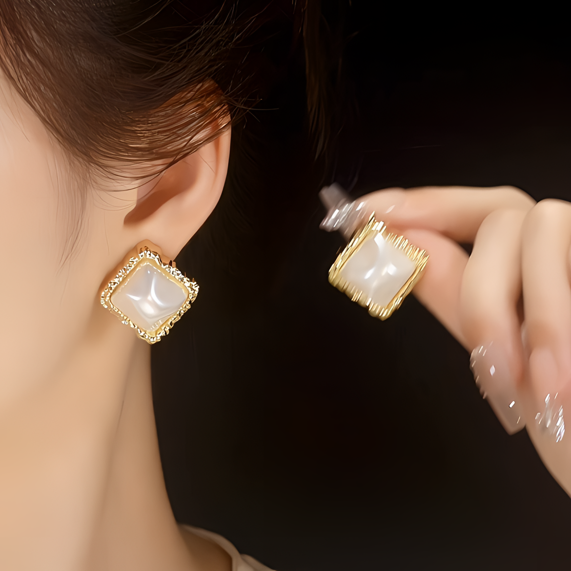 铜合金仿珍珠耳饰 韩国气质简约几何方形纽扣耳环小众少女耳钉女