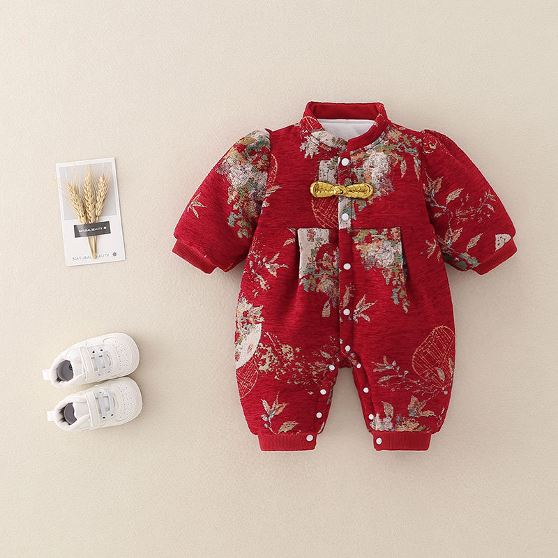婴儿新式秋冬装男女宝宝中国风连体衣加绒保暖满月百天哈衣爬服