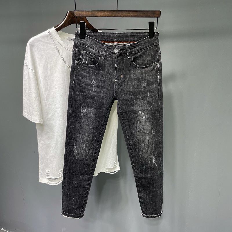 秋冬九分牛仔裤男新款韩版显瘦修身小脚裤百搭休闲弹力黑色长裤潮