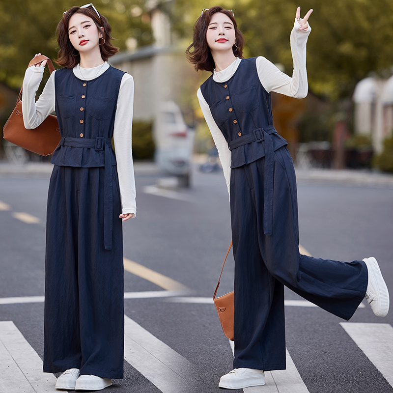 休闲时尚牛仔套装女2025春秋新款高级感气质收腰显瘦阔腿裤三件套