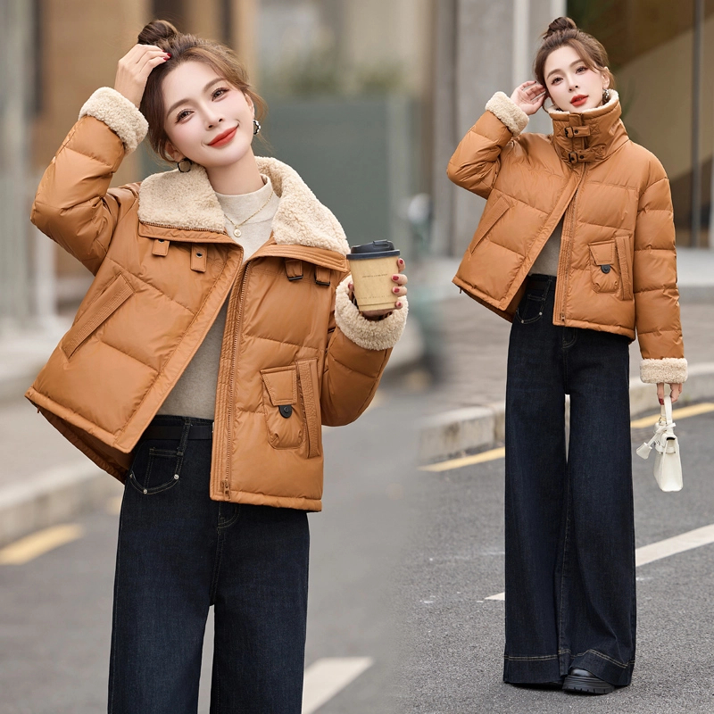 羊羔毛拼接短羽绒服女2025冬季新款洋气减龄小个子加厚白鸭绒外套