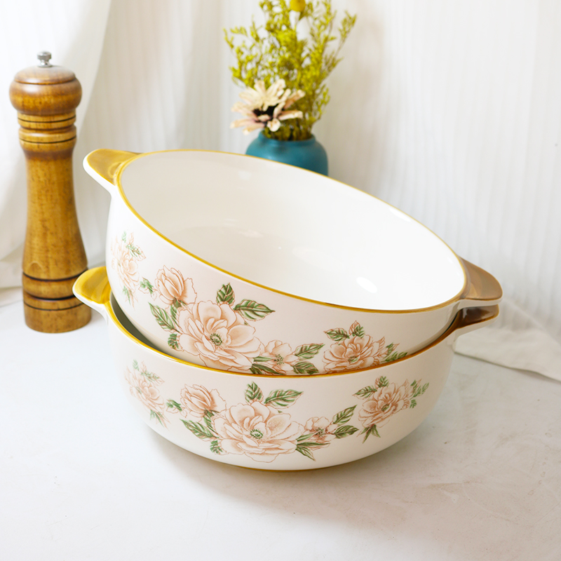 2只装山茶花9英寸+10.5英寸双耳陶瓷大汤碗