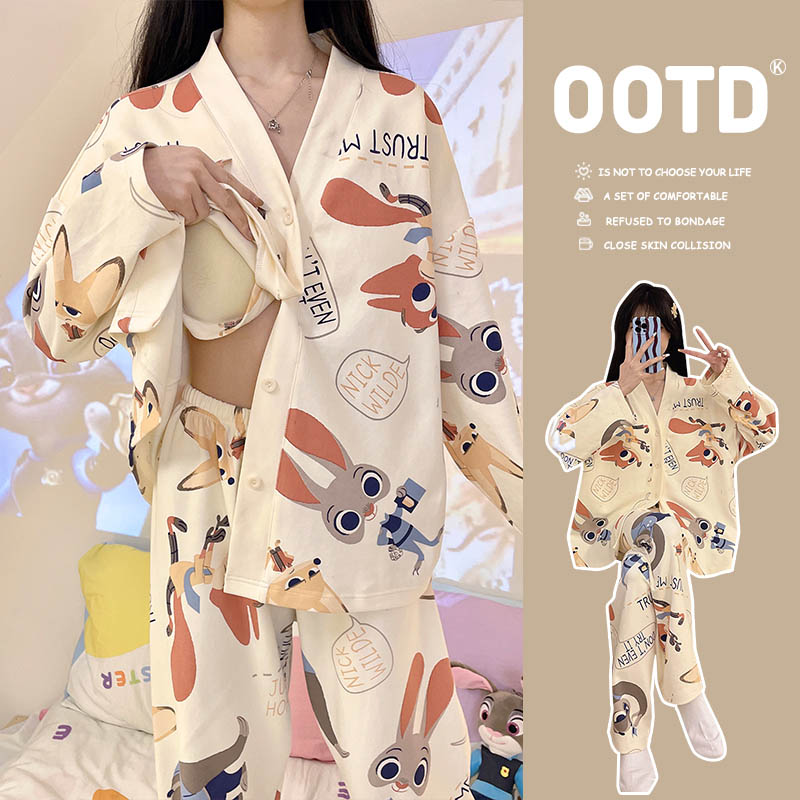 可外穿睡衣女春秋宽松带胸垫长袖学生日系套装2024新款简约家居服