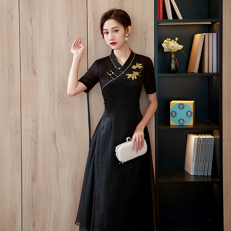 YS068新中式新款夏季旗袍高级感年轻款妈妈改良连衣裙中长款短袖