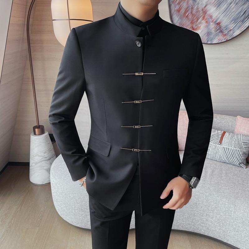 中山装男士秋冬西装纯色单排扣小西装休闲中国风商务韩版修身