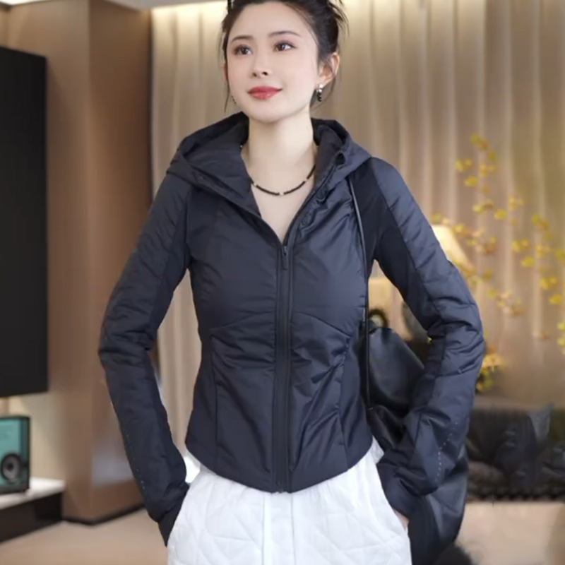 夹棉连帽短外套女2025新款修身气质小个子洋气轻薄夹克小棉袄