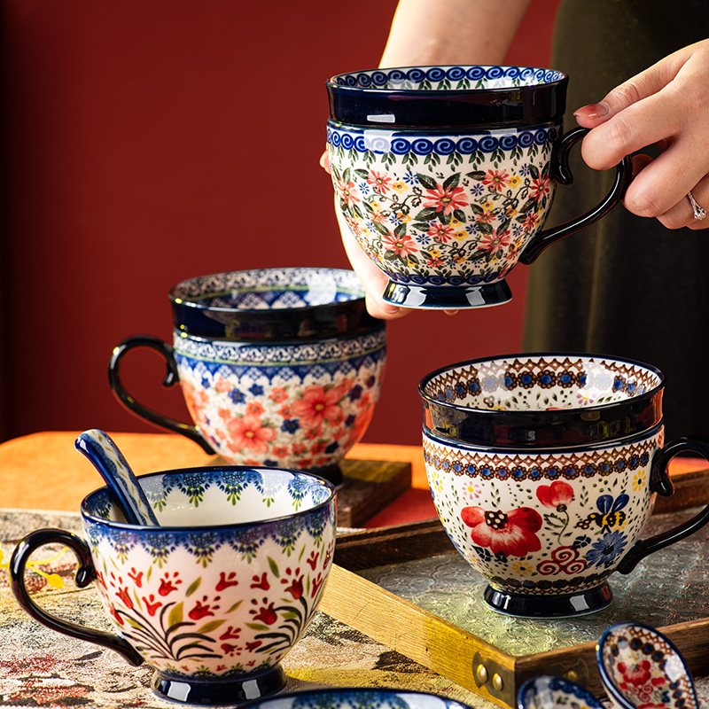 波兰马克杯陶瓷杯子带盖复古创意早餐杯情侣水杯家用咖啡杯燕麦杯