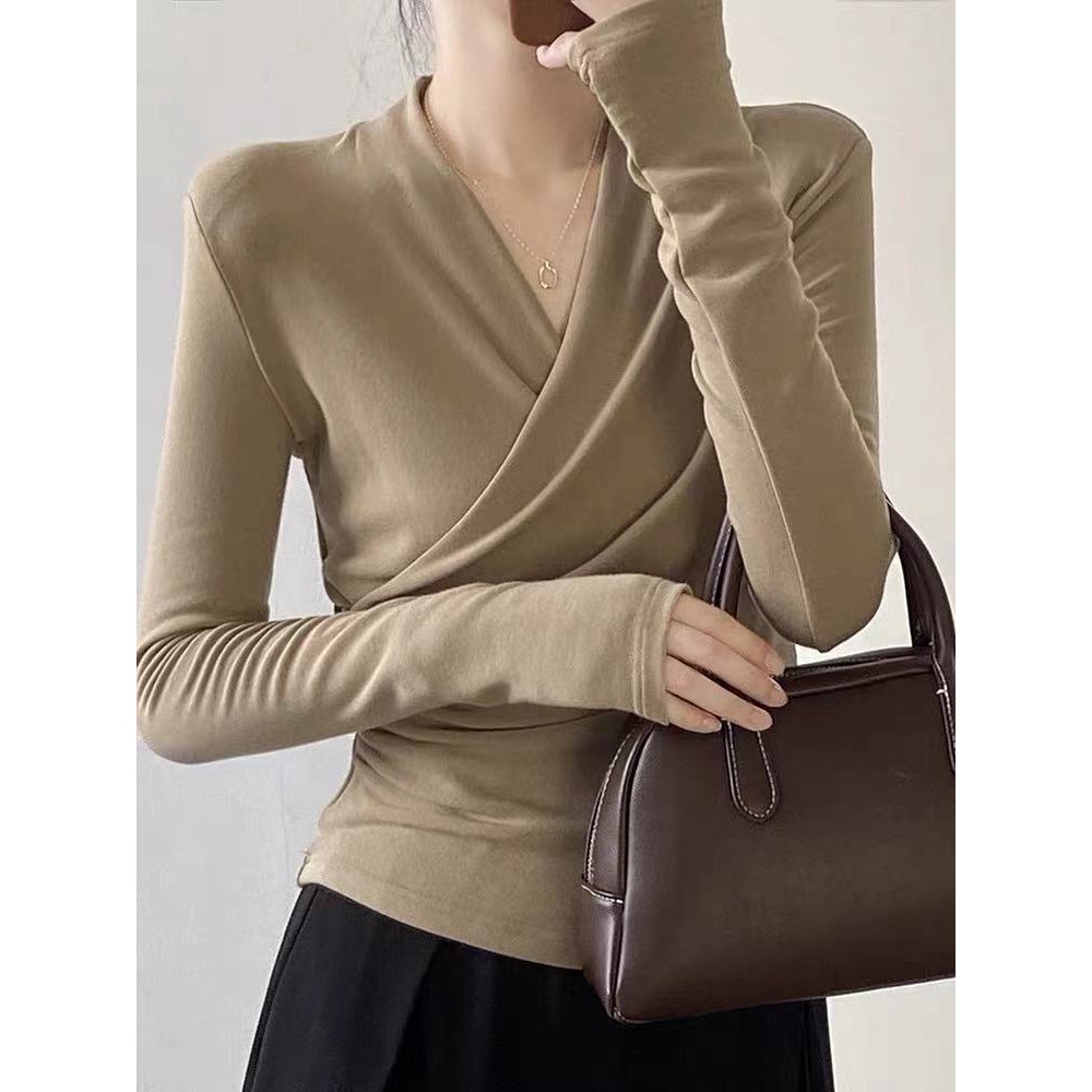 打底衫女不规则内搭春秋款修身长袖T恤交叉显瘦名媛洋气百搭上衣