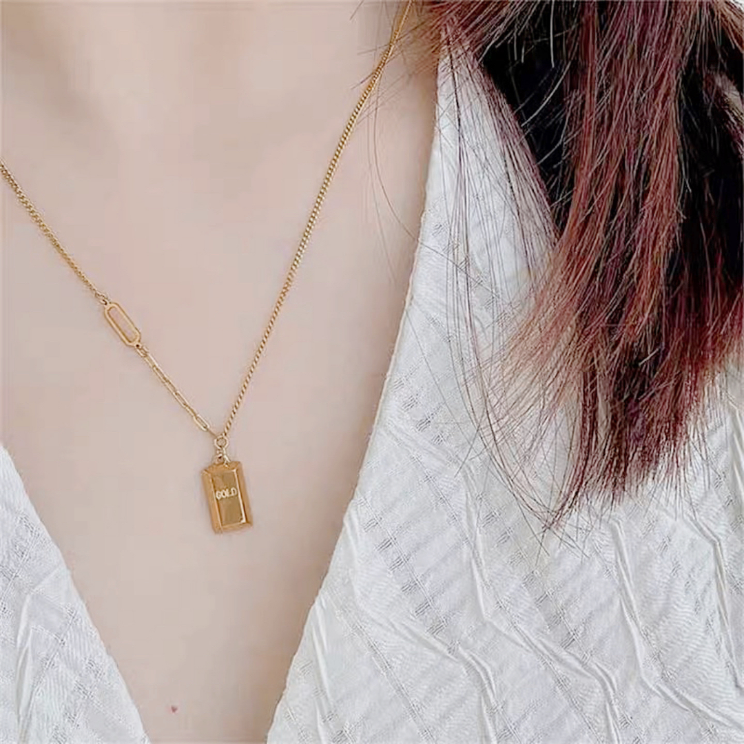 LINGSIV 钛钢项链 日韩钛钢小众时尚轻奢小方块项链女潮流锁骨链