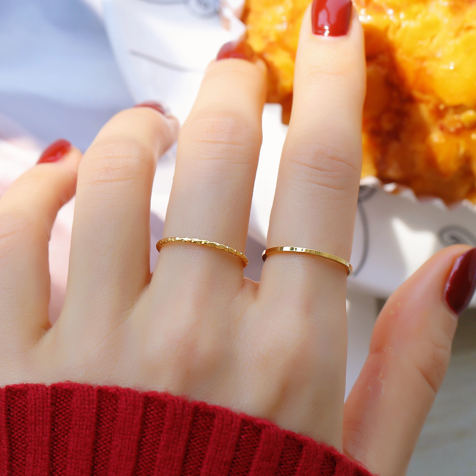 LINGSIV 钛钢戒指 素圈星辰戒指女百搭时尚个性ins潮波光粼粼戒指