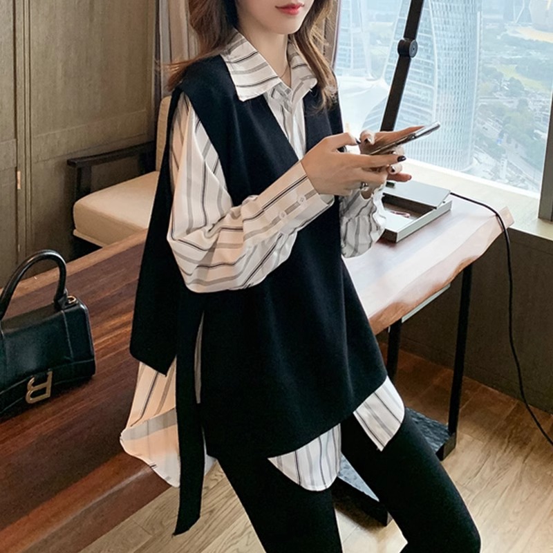 遮肚子休闲条纹衬衫女春秋季微胖大码显瘦上衣针织背心马甲两件套