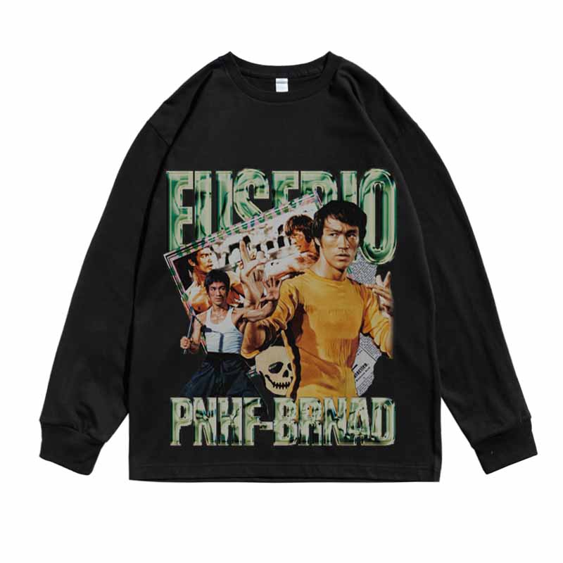 香港电影李小龙猛龙过江设计印花宽松小领口纯棉重磅美式长袖T恤