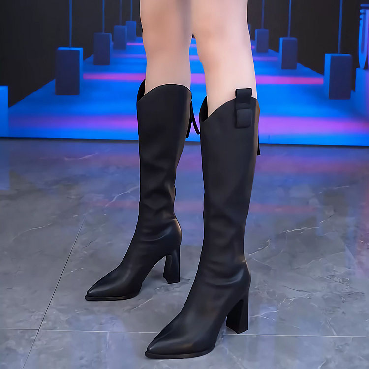 真皮膝高筒长靴女冬2025年新款高跟厚底骑士靴粗跟内增高长筒靴女