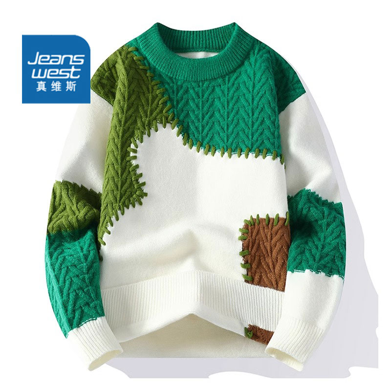 真维斯圆领毛衣男士秋冬季上衣2025新款宽松保暖潮流打底针织外套