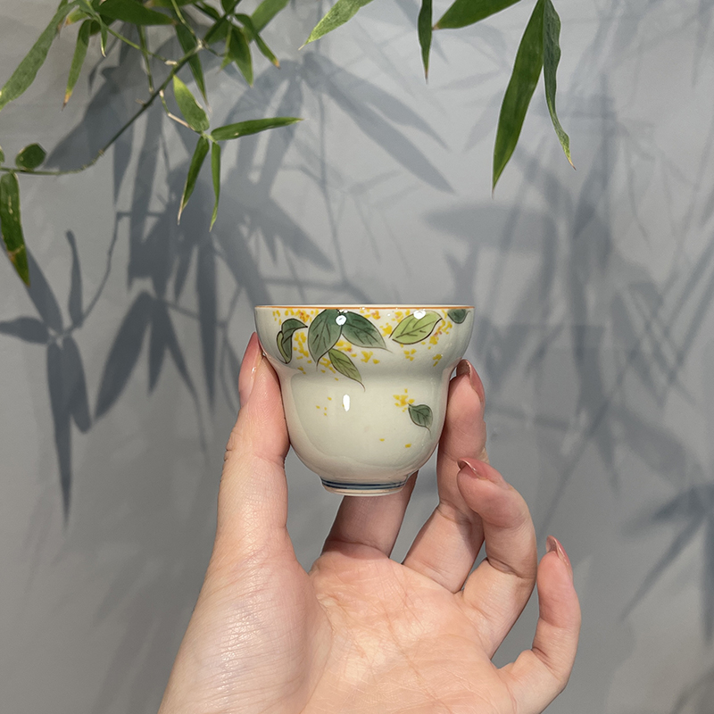 惊蛰 草木灰手绘桂花叶子葫芦小杯福禄杯品茗杯家用陶瓷主人杯