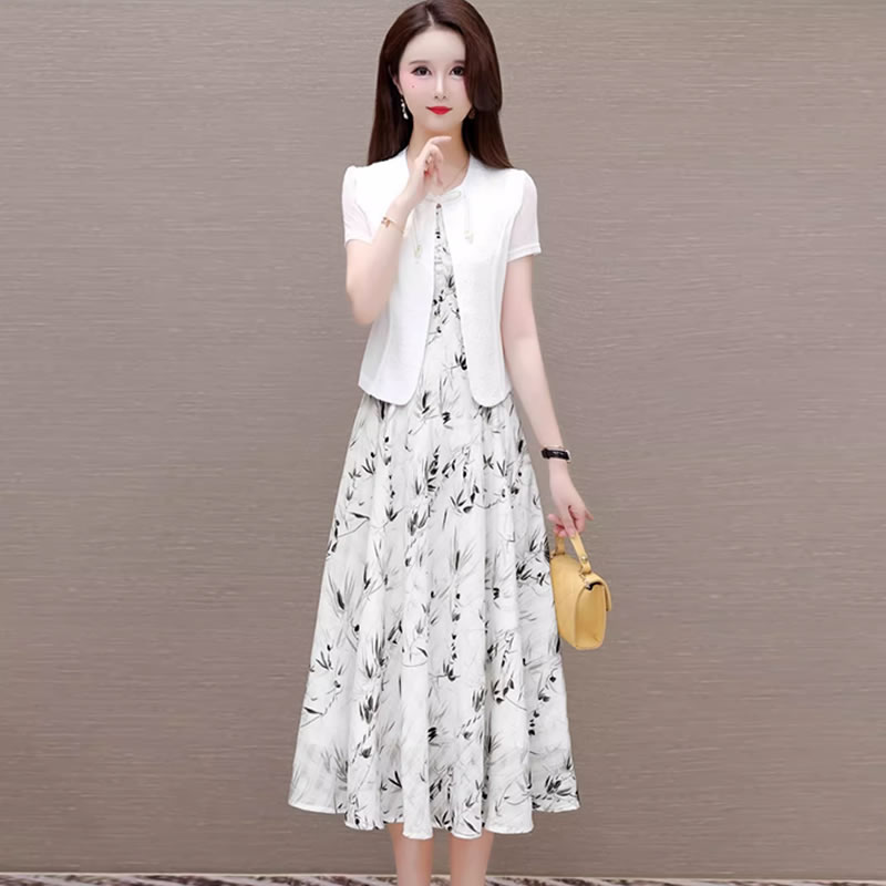 高档女士连衣裙2025新款夏季新中式宽松大码遮肚显瘦印花两件套装