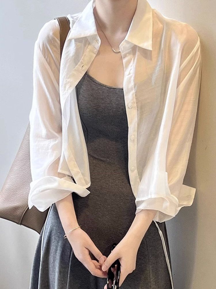 白色短款防晒衬衫女夏季薄款外搭休闲开衫高级感衬衣外套罩衫上衣