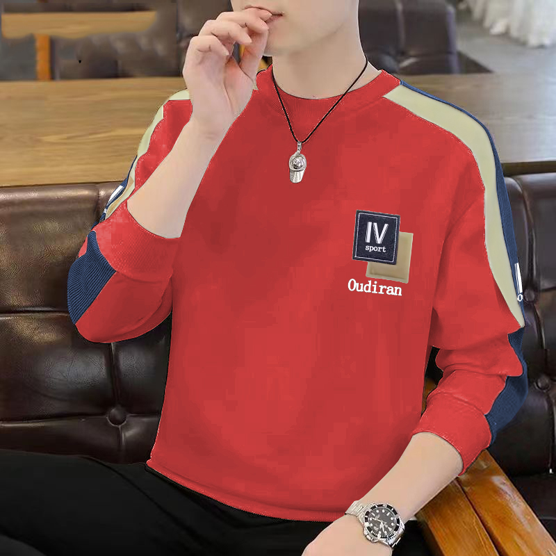 新款秋冬男士时尚百搭春秋拼色卫衣休闲宽松刺绣套头加厚圆领长袖