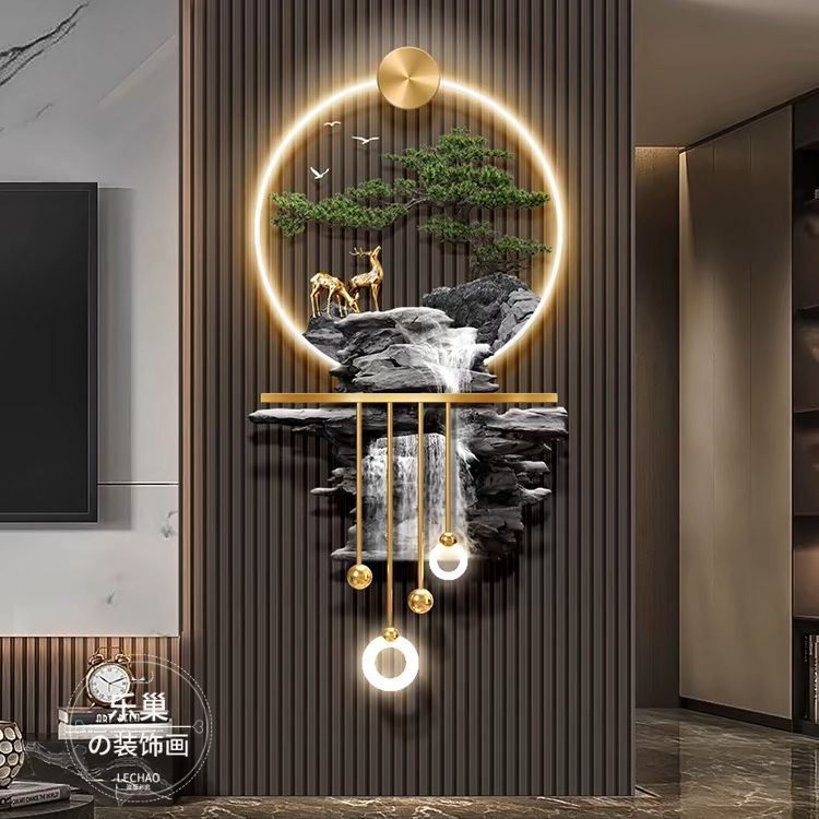 流水生财客厅格栅装饰挂件轻奢迎客松玄关挂画电视机背景墙壁灯画