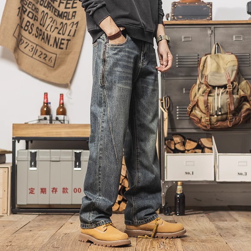 2026美式男士直筒牛仔裤砂洗高街拉链潮牌长裤复古百搭宽松休闲裤