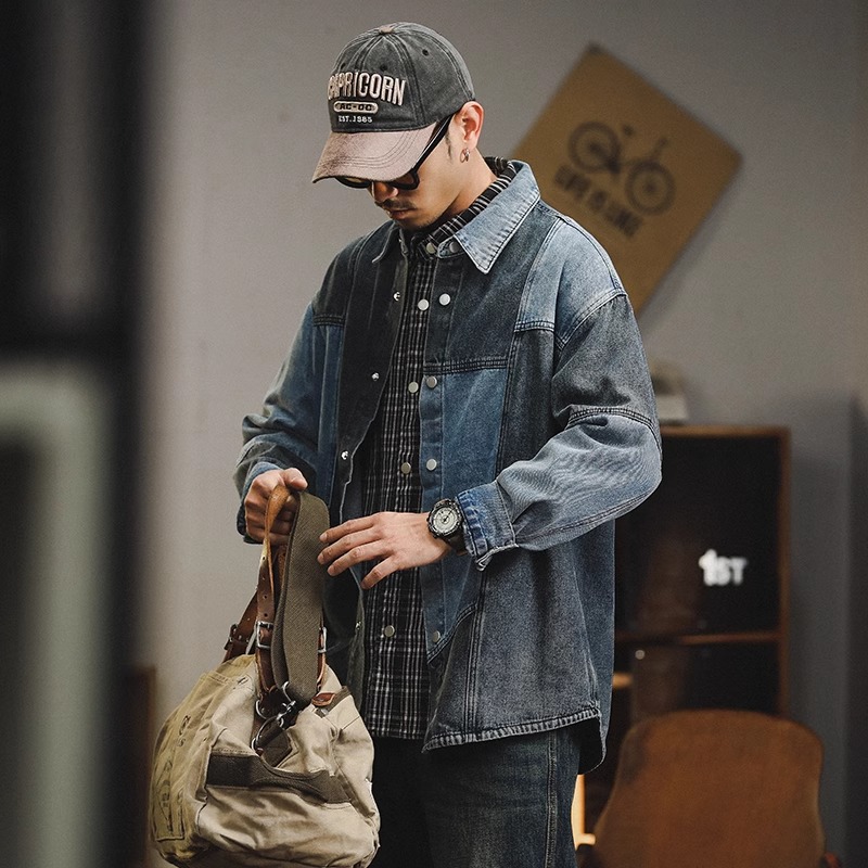 美式潮牌拼接牛仔衬衫男士2025春秋新款休闲长袖衬衣男装外套大码