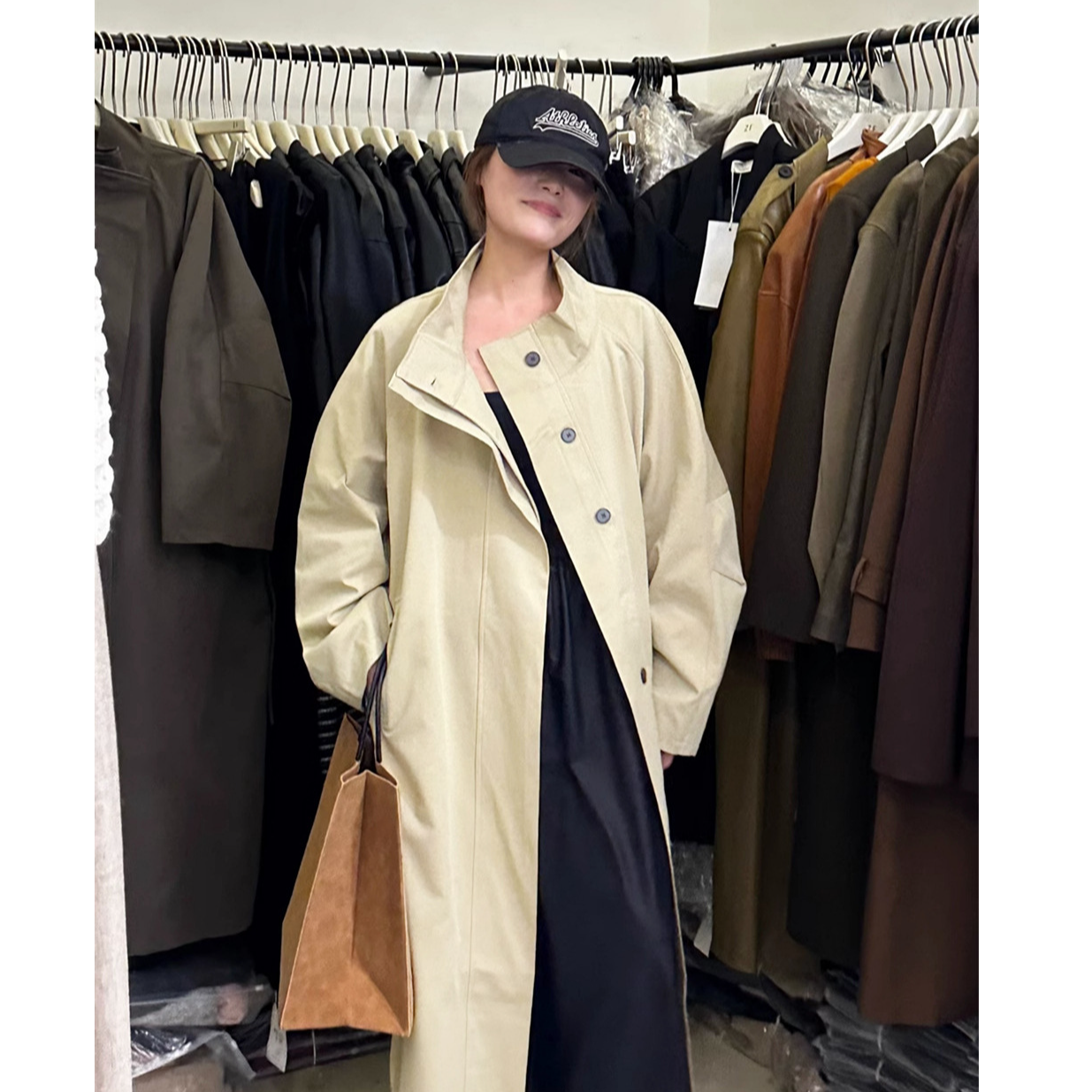 大码女装高级感超好看冷淡系气质慵懒风超长款立领风衣外套女秋款
