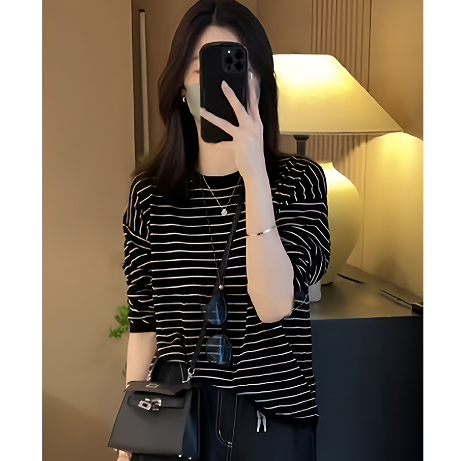 条纹圆领长袖t恤打底衫女2024新款春秋款宽松洋气独特别致上衣女
