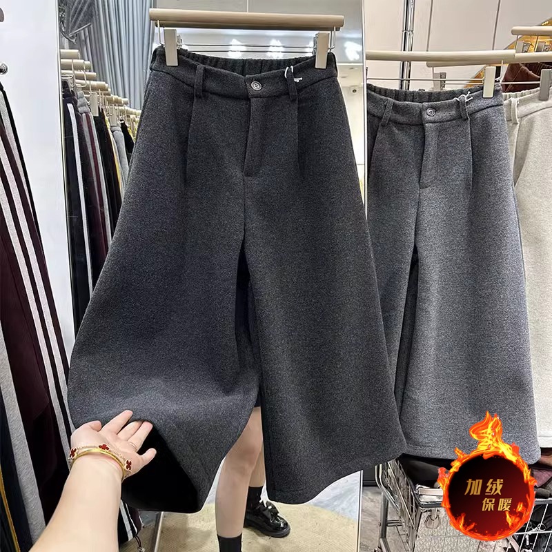 高端八分毛呢阔腿裤女冬加绒加厚小个子宽松直筒裤休闲洋气奶奶裤