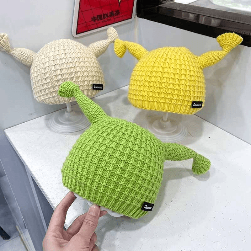 网红同款婴儿帽子秋冬季搞怪超萌绿色帽子冬天新款男女宝宝毛线帽