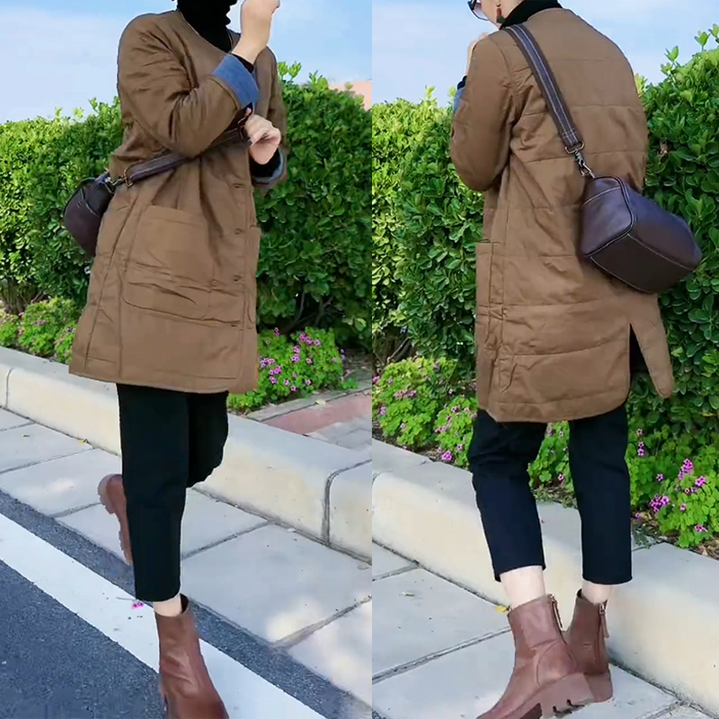中长款复古圆领春秋咖色棉服百搭宽松休闲棉衣外套慵懒风女装棉袄