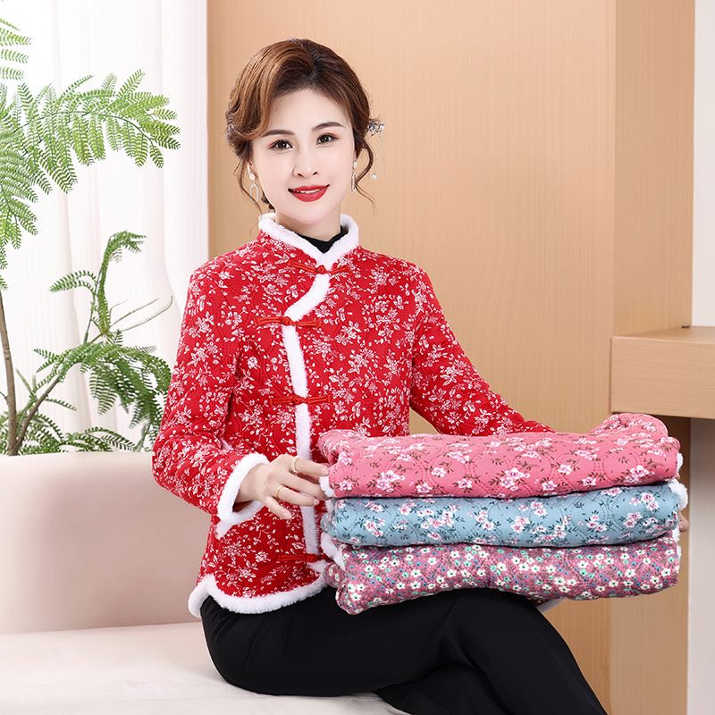 冬季新款妈妈装民族复古盘扣休闲棉服新中式加绒网红碎花棉衣棉袄