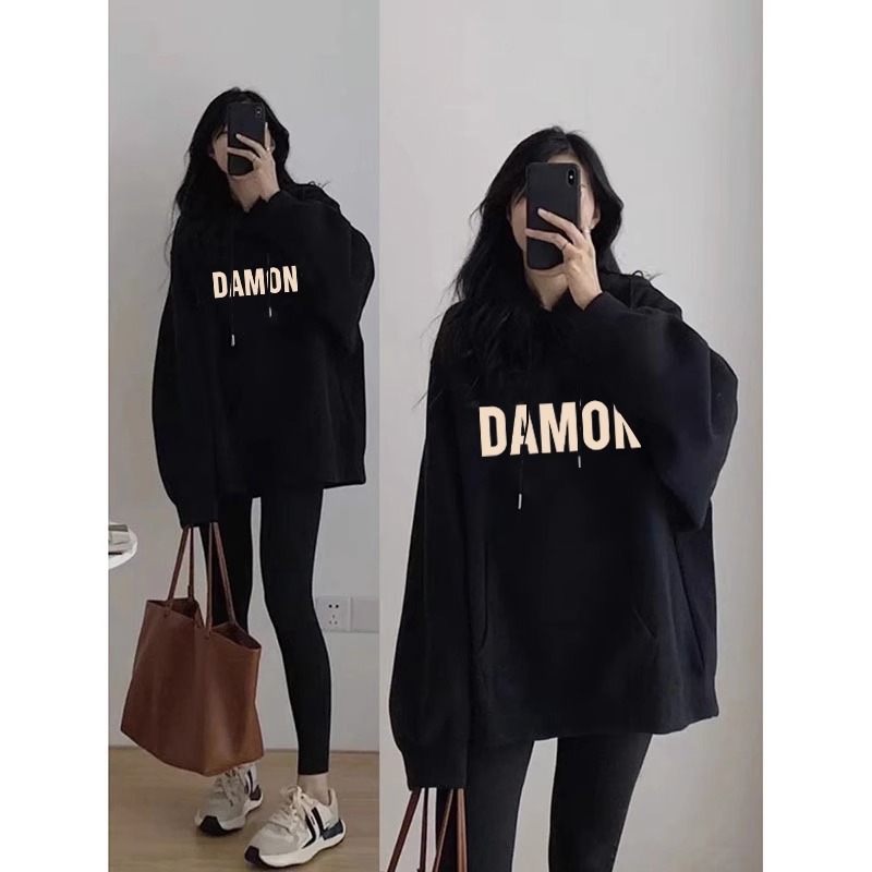 2025秋冬新款韩版oversize宽松连帽字母卫衣女中长款加绒连帽上衣