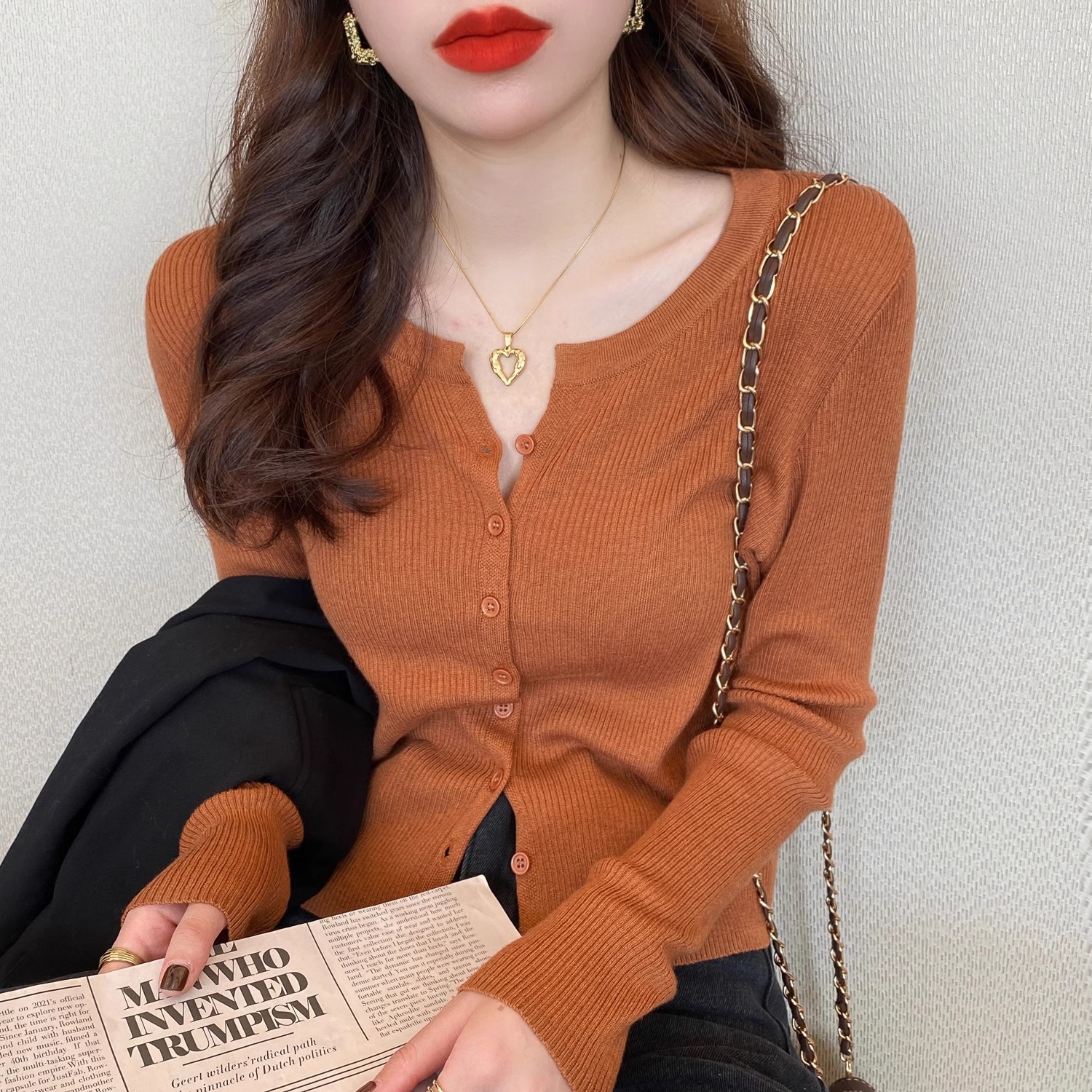 长袖针织打底衫女春装2025新款v领薄款开衫毛衣外套修身内搭上衣