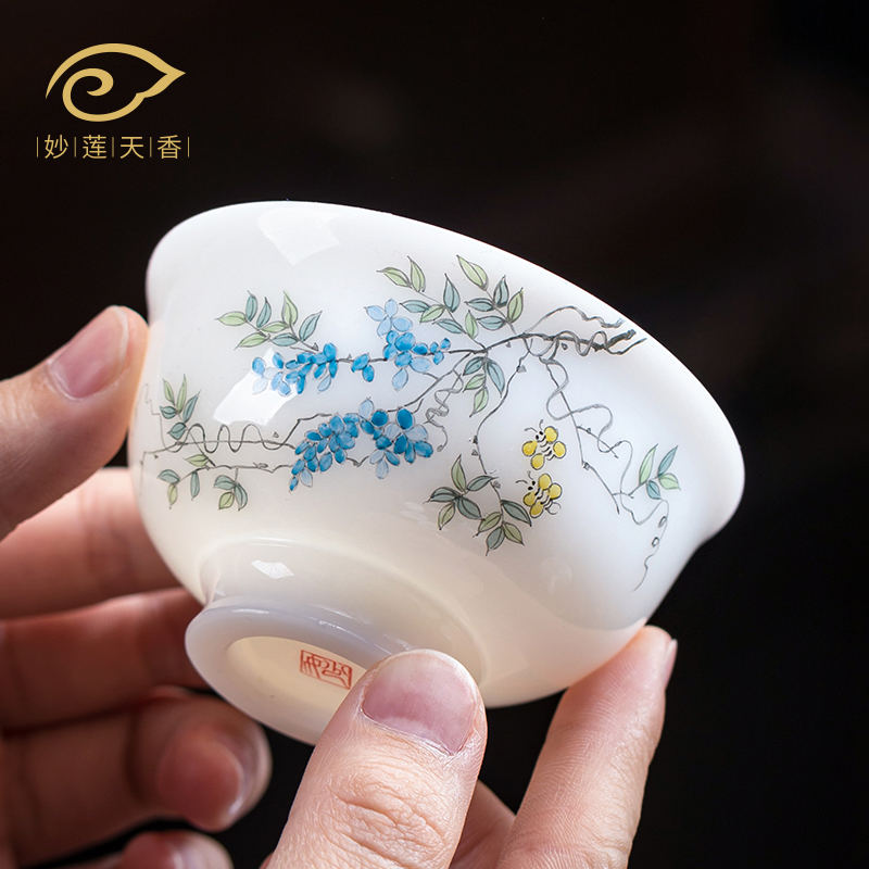 妙莲天香高档冰种玉瓷手绘紫藤花主人杯单杯陶瓷泡茶年货必备茶杯
