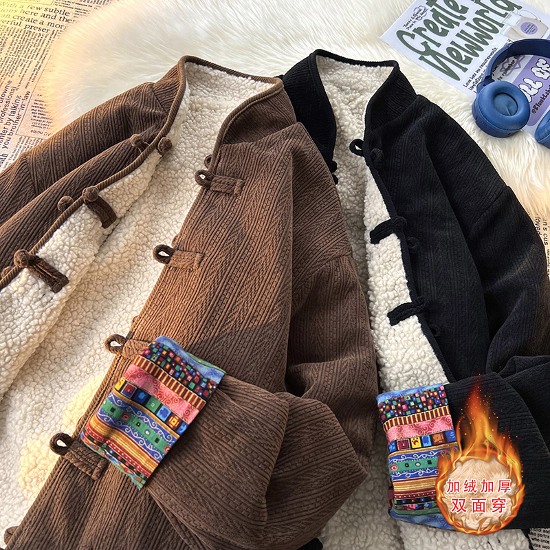 中国风藏式印花羊羔毛加绒加厚棉衣男小众设计感双面穿灯芯绒棉服