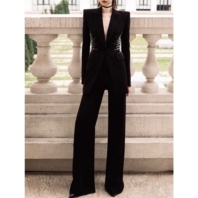 高定轻奢时尚气质干练职业装女黑色重工钉珠收腰西装阔腿裤两件套