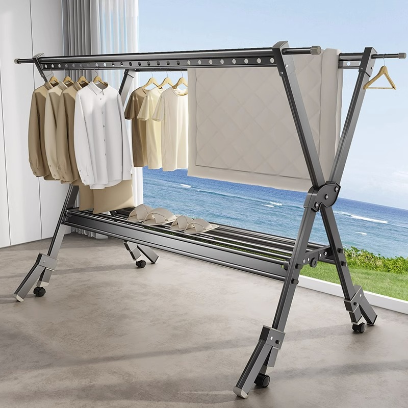 优勤枪灰晾衣架阳台家用落地折叠晾衣杆伸缩凉衣架室内晒被子神器