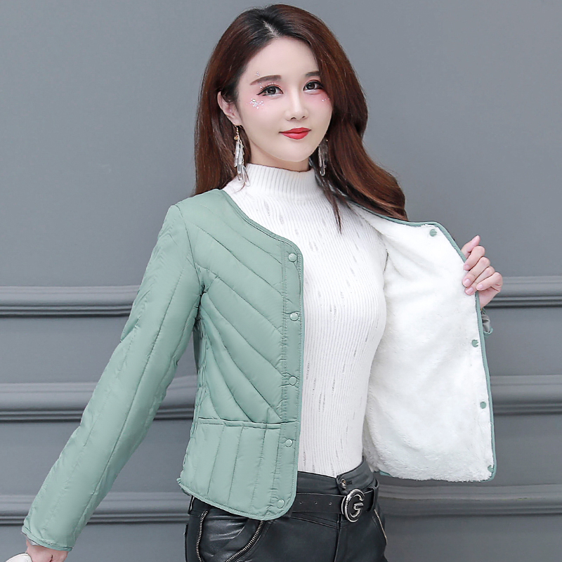 加厚女士秋冬长袖外穿加绒百搭棉服外套条纹内胆贴身修身显瘦棉袄
