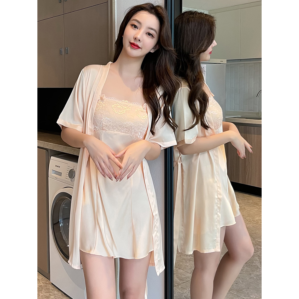 睡衣女夏冰丝薄款蕾丝2025年新款性感抹胸吊带睡裙睡袍春秋两件套